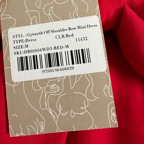 NEW Meshki Gwyneth Off Shoulder Bow Mini Dress in Red - Picture 4 of 11